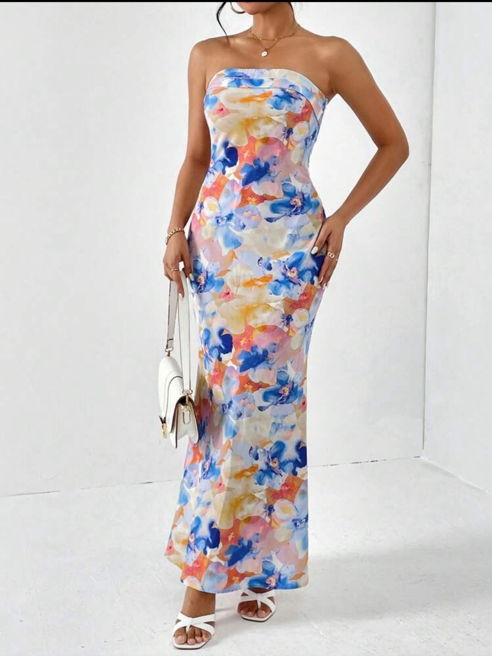 Strapless Floral Maxi Dress in Blue, Pink & Orange